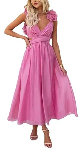 Damen Chiffon Rüschen Ballkleider - Sommer V Ausschnitt Puffärmel Lange Swing Kleider Gestuft Rückenfrei Formelle Abendkleider Party Brautjungfer Hochzeit Gäste Maxikleid, rose, Small
