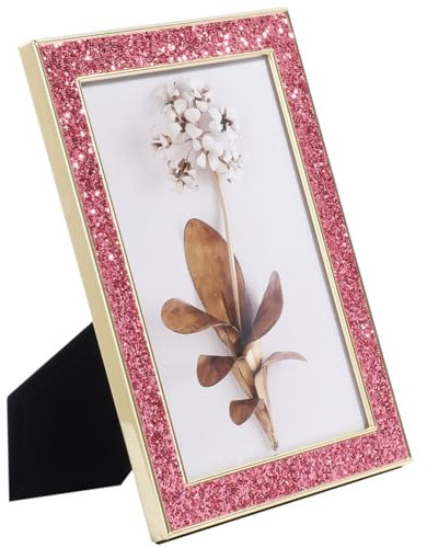 Glitter and Gold Picture Frame 5x7, Bling Glitter Photo Frame, Made of Metal and Real Glass, for Wall or Tabletop Display,Vertical & Horizontal (Pink, 5x7 inch)