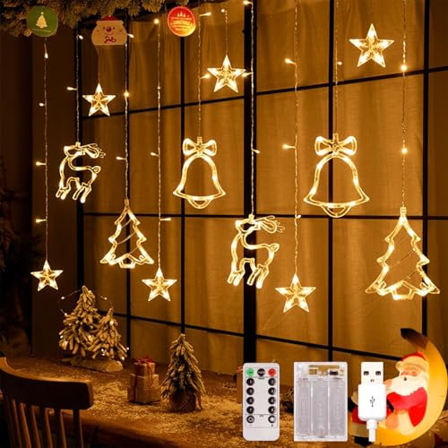 Arespark Luces de Navidad, 3.5m Luces de Cortina, 8 Modos Cadena de Luz de Ventana de Campana Alce, Guirnaldas Luces Interior Exterior con Control Remoto IP44 para Balcón, Ventana, Fiesta, Navidad