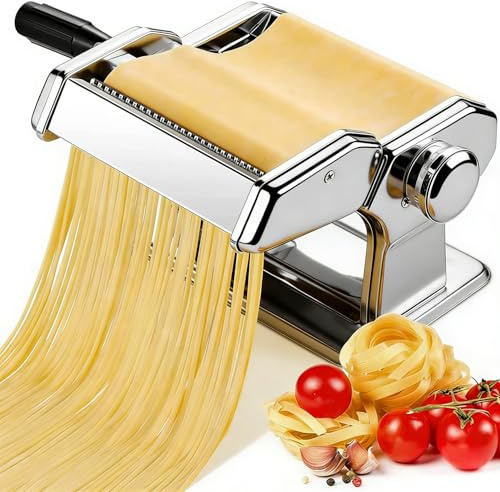 Pasta Maker Maschine, Manueller Pasta Maker mit 9 Einstellbaren Dickeneinstellungen, Edelstahl Nudelmaschine mit Rollen und Cutter für Pasta, Spaghetti, Fettuccini, Lasagne