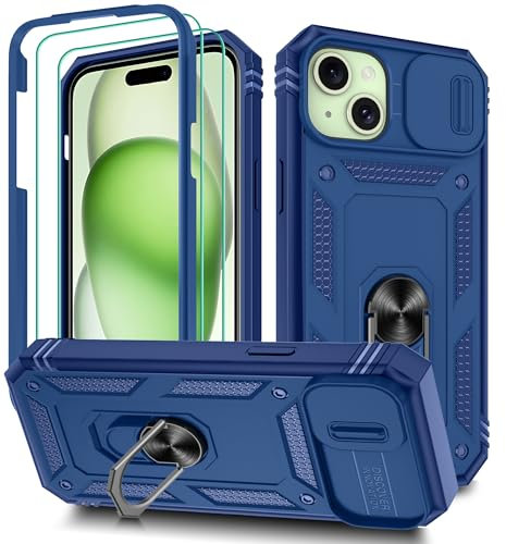 Pilaru 3 in 1 for iPhone 15 Plus Case With Front Frame [2 Separate Screen Protectors] & Kickstand Ring & Camera Cover Military Grade Drop Shockproof Protection for iPhone 15 Plus Phone,Blue