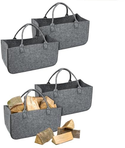 FIVMEN 4 Stück Filztasche Faltbar Filzkorb Holzkorb mit Griffen Kaminholzkorb Brennholzkorb Shopper für Kaminholz Brennholz, 50x25x25 cm, Mittelgrau