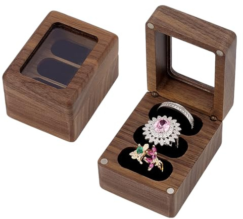 PH PandaHall Wood 3 Slot Ring Box with Glass Lid for Wedding Proposal Walnut Wood Ring Bearer Box Cube Flip Boxes 3 Rings Storage Boxes with Clear Lid for Engagement Anniversary 2.3x1.9x1.6