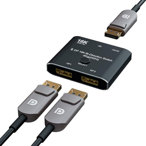 H.May Displayport 16K Bi-Direction Switch 2x1,[16K@60Hz;4K@240Hz],DisplayPort Splitter 2 in 1 Out 1 in 2 Out Switch Converter for Large Screens,PC Host,Monitor,Laptop,mobile phone,etc