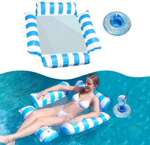TAIHOBO Luftmatratze Pool, 4 in 1 Luftmatratze Wasser, Bequemer Wasserhängematte Erwachsene Kinder mit Aufblasbares Getränkehalter, Strapazierfähiges Luftmatratze mit Netz, Leicht zu Tragen