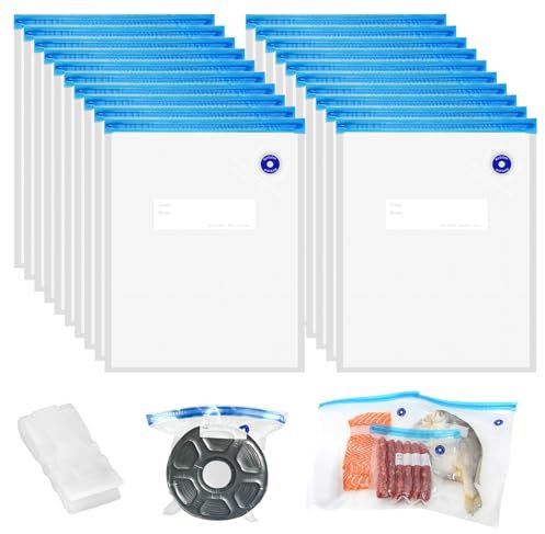 20 Pezzi Sacchetti Freezer Riutilizzabili 30 x 34 cm con Valvola, Cerniera e 2 Clip di Chiusura Sacchetti Riutilizzabili Senza BPA Per la Conservazione Degli Alimenti, Cottura Sottovuoto e Viaggio