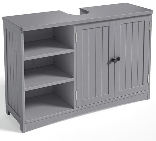 Bealife Meuble sous Lavabo 90x30x60 cm – Placard Salle de Bain avec 2 Portes, 5 Compartiments, Étagère Réglable, Rangement Spacieux, Fermeture Magnétique, Imperméable – Gris