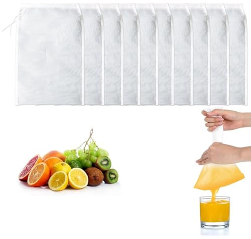 Satiskid 10pcs Cheese Cloths for Straining, 30x20cm Nylon Reusable Micron Mesh Filter Bags Washable Drawstring Bags for Juice Wine Cheese Coffee Milk, Food Straining, 200 Mesh