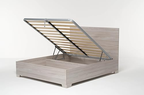 Cangù Letto Contenitore Hi Box matrimoniale 160x190 cm, Olmo Naturale, con piedini, con Rete a Doghe e Sistema di Sollevamento