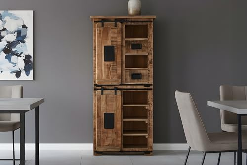 SAM Highboard Libro IV 80x175x45 cm, Mangoholz Rough, Hochschrank | mit 2 Holzschiebetüren, 2 Schubladen & 10 offenen Fächern, Türelemente, Griffe & Reling aus Eisen, massiv