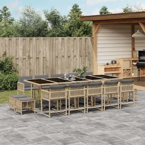 QJBSAVVA 15-TLG. Garten-Essgruppe Beigemischung 275x106 cm mit klappbarer Rückenlehne, Poly-Rattan-Gartentisch mit Schwarzem Hartglas, Sitzgruppe Outdoor für Balkon Terrasse und Hof