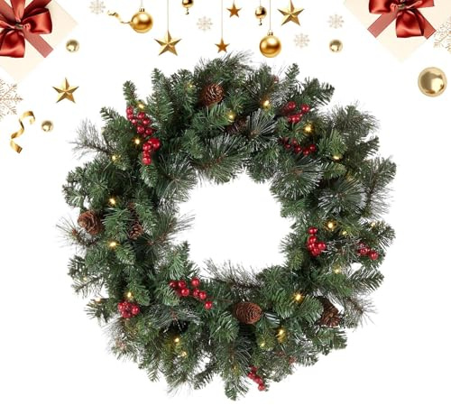 Krmoau Corona navideña a pilas, 45 cm Guirnalda realista, Con gancho Coronas navideñas Para puerta principal, Para exterior Casa de bienvenida Granja Invierno