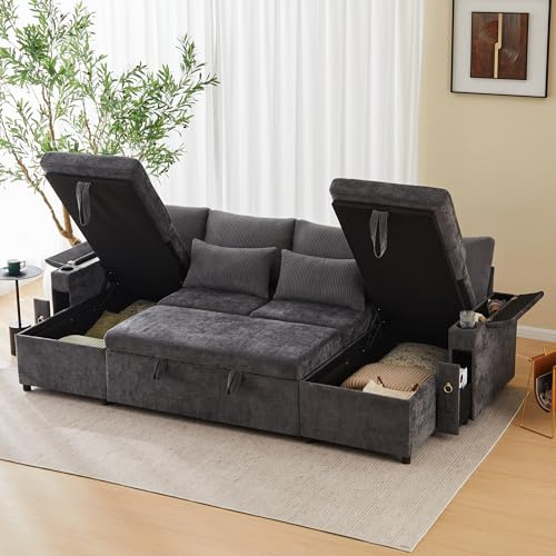 Merax Ecksofa mit Schlaffunktion, Ausziehbares U-Form Schlafsofa mit Bettkasten, Doppel-Chaiselongue mit verstecktem Stauraum, Praktisches Schlafcouch mit Getränkehalter, Armlehnenfach, Big Sofa-Grau