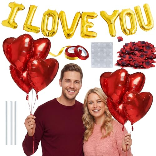 Valentines Decorations Set with Gold I Love You Balloons, 14 Red Heart Balloons and 500 Fake Rose Petals - Romantic Decorations Bundle for Valentine's Day, Anniversary or Engagement Party Decor