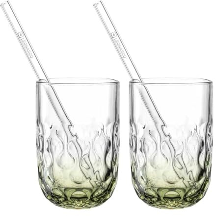 LEONARDO HOME GOCCE Matcha Latte Glas • 2 Latte Macchiato Gläser + Trinkhalme • LM Becher für Siebträger • Spülmaschinengeeignet • Tropfenstruktur • Matchaglas • Grün • 390 ml • 077095