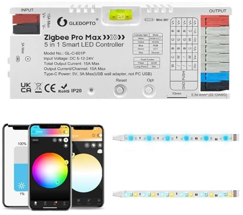 GLEDOPTO ZigBee - Controller LED 3.0 5 in 1 RGBCCT RGBW RGB CCT dimmerabile colore luce bianca app controllo vocale compatibile con Alexa H*ue Tuya Smart Life APP controllo