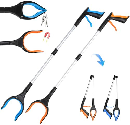 HBSFBH 2 Stück Greifzange für Senioren mit Magnet, Faltbare Greifer für Senioren, Faltbare Greifzange mit Magnet, Aluminium Müllzange, 360° Drehbar Müllzange Greifzange, Greifer für Senioren