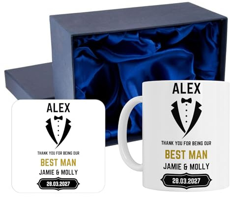 Personalised Best Man Mug and Coaster Set, White Ceramic Mug with Cork Coaster, Tuxedo Design, Wedding Gift (Silk Lined Gift Box)