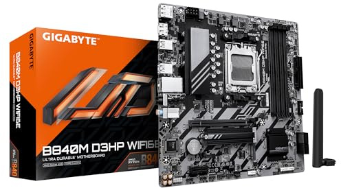 GIGABYTE B840M D3HP WIFI6E Mainboard – AMD Ryzen 9000 CPUs, 8+2+2-Phasen-VRM, bis zu 8200 MHz DDR5 (O.C.), 2× PCIe-4.0-M.2, Wi-Fi 6E, 1-GbE-LAN, USB 3.2 Gen 2