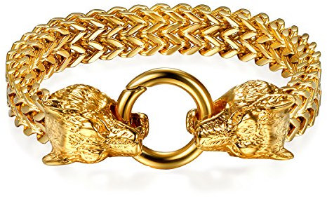 Flongo Herren Armband, Groß Edelstahl Armband Armreif Cuban Curb Gliederkette Francokette Armkette Wolf Kopf Fahrradkette Motorradkette Gold Biker Männer Accessoires Herrenschmuck