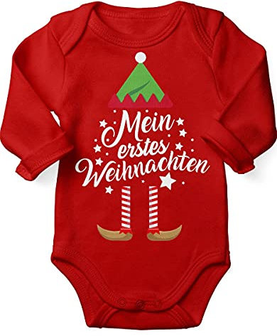 miKalino Babybody mit Spruch für Jungen Mädchen Unisex Langarm Mein erstes Weihnachten (Weihnachts-Elf) | handbedruckt in Deutschland | Handmade with love, Farbe:rot, Grösse:62