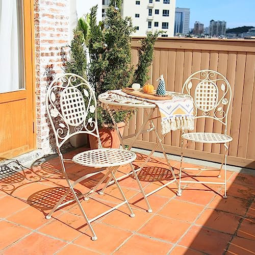 Home Source Meadow Bistro Set Outdoor Patio Garden Furniture Table and 2 Chairs, Metal Frame, White
