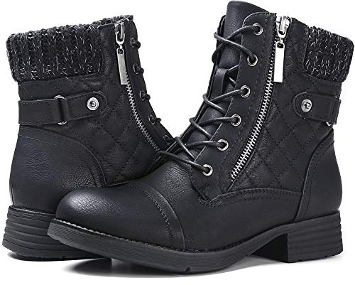 STQ Women's Military Lace Up Buckle Combat Boots Ankle Booties with Zipper Black 7
