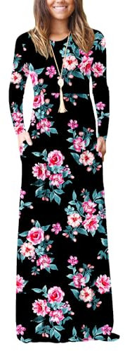 PCEAIIH Women Long Sleeve Loose Plain Maxi Dresses Casual Long Dresses with Pockets (X-Large, Long Sleeve Print Black)