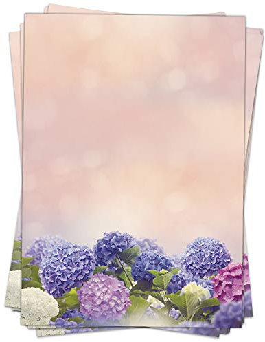 50 Blatt Briefpapier (A4) | Hortensien Blumen blau rosa | Motivpapier | edles Design Papier | beidseitig bedruckt | Bastelpapier | 90 g/m²