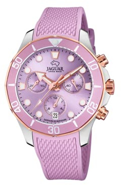 JAGUAR Damenuhr Modell J890/2 aus der Kollektion Woman, Gehäuse 38,50/38,50 mm, Kautschukband, Lila für Damen, Einfarbig, Streifen
