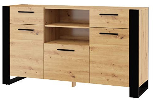 BIM Furniture Nuka Commode - Buffet 45 x 155 x 87 cm avec 3 portes et 2 tiroirs - Commode de salon - Grand espace de rangement - Chêne artisan/noir mat