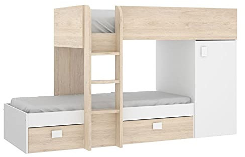 Mobelcenter - Cama Litera Tren Juvenil - Cama Tren Convertible Reversible Acabado Blanco y Natural - Armario y 2 Cajones - Ancho: 195-255 cm x Alto: 150 cm x Fondo: 199-109 cm - (1201)