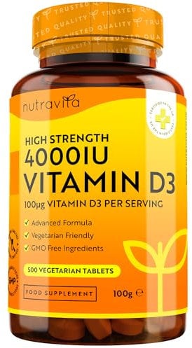 Vitamin D 4000 IU - 500 Micro Tablets - Max Strength - 16 Month Supply - Hight Strength Vegetarian VIT D3 - Vitamin D3 Supports Your Immune System & Bone Health - Made in The UK by Nutravita