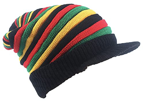 ZffXH 1/2 Pcs Rasta-Mütze aus Wolle, Reggae, Jamaica Jamaikanische Mütze Herren, bunt Skull hip hop hat, Slinky Visier, Beanie-Mütze, Slouchy Baggy Cap