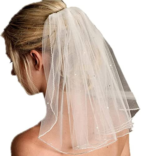 SINLOV Perlen Brautschleier 1-Tier Brautschleier Damen Tüll Schleier Schulterlänge Kurzer Schleier mit Kamm Haarschmuck für Bräute(Weiß)