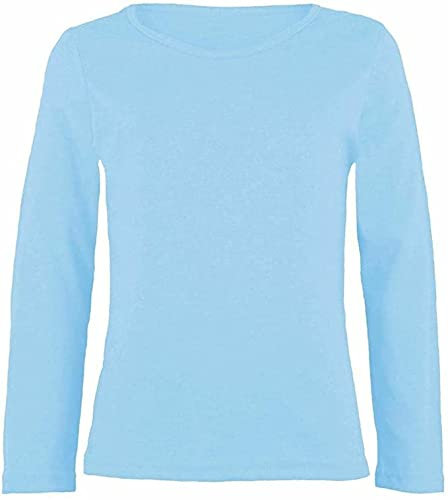 LUXE DIVA Girls Boy Kids Plain Basic Long Sleeve Round Neck T-Shirt Stretch School Tee Top 2-13 Years Sky Blue