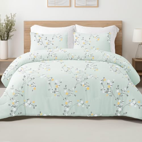 Exclusivo Mezcla Bettdecke 4-Jahreszeiten Steppdecke in 220 x 230 cm mit Blumen-Muster, Warme und Weiche Schlafdecke ohne Bezug mit 2 Kissenbezügen, Mintgrün