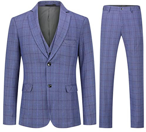 Allthemen Costume Homme 3 Pièces Tuxedo Slim Fit à Carreaux Deux Boutons d'affaire Mariage Veste+Gilet+Pantalon #6238 Gris M