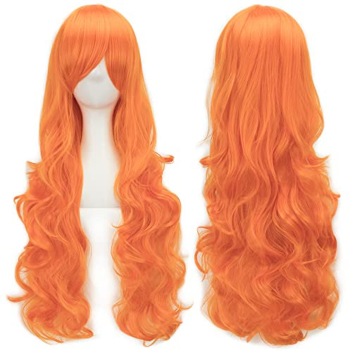 IMISSU 80cm langes lockiges Naturhaar Cosplay Perücke mit Pony Buntes Halloween Kostüm Party Perücken für Frauen (Fluoreszierend Orange)