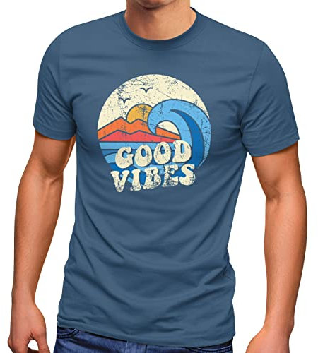 Neverless® Herren T-Shirt Good Vibes Welle Hippie Slogan Statement Surf Design Vintage Retro Fashion Streetstyle Denim Blue L