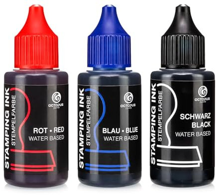 Octopus Stempelfarbe für Stempelkissen und Selbstfärber ohne Öl, Stempeltinte Schwarz, Blau, Rot, 3x 30 ml