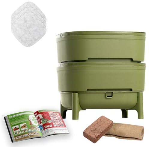 WORMcube Grün Design & Compact I 2-Etagen-Wurmkomposter I Komplett-Set I Stoppfilter zum Ertrinken von Würmern