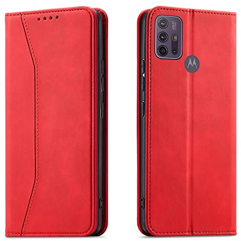 OKZone Compatible with Motorola Moto G30 / G20 / G10 Case, Magnetic Leather Mobile Phone Case for Moto G30 / G20 / G10, Premium Leather Flip Foldable Card Slots Shockproof Stand Function (Red)