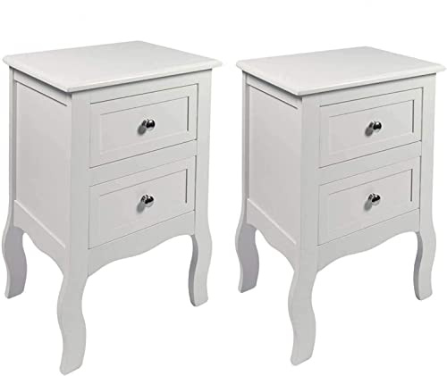 FEFE® 2 x Chic White Wooden Free Standing Bedroom Bedside Table Unit Cabinet Nightstand 2 Drawers, White Bedside Table with Storage Cabinet for Bedroom, Wooden End Side Table Living Room