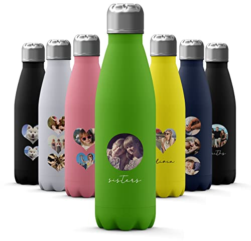 Tirita Custom Photo Personalised Water Bottle - Thermal Travel Flask - Insulated Stainless Steel Bottle - Gym, Office, School Drink - 500ml [10- Photo Circle with Name on Lime Green]