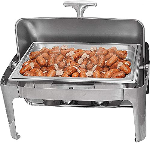 9L Full Size Roll Top Chafing Dish Stainless Steel Chafer Food Warmer Set with Food Pan, Water Pan And Fuel Holders for Parties Buffets, Shiny Silver