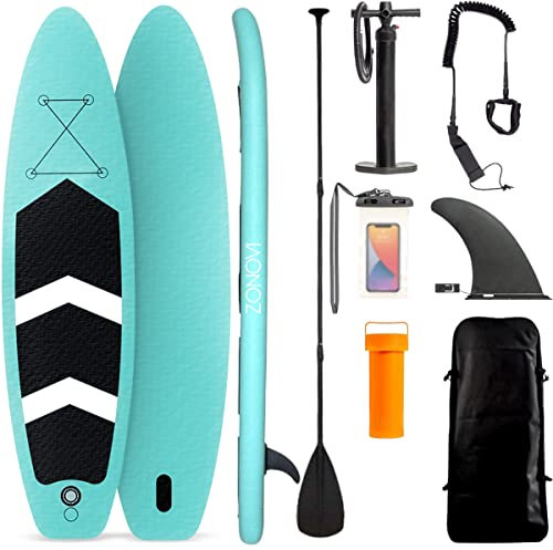 Zonovi SUP Board - Max. 150KG - Aufblasbares Paddelbrett - Komplettset - Stand Up Paddle Boards - 320X80cm - Türkis/Schwarz