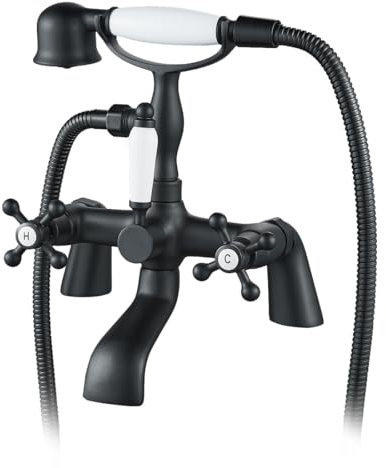 Blcak Viktorianische Badewannenarmaturen mit Dusche, Luckyhome Traditionelle 1/4-Drehung, Doppelhebel-Badezimmer-Mischbatterie