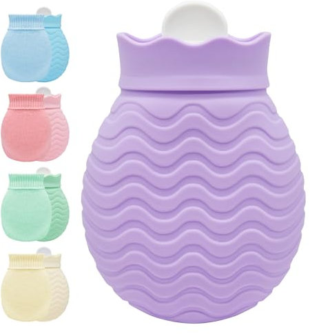 Hot Water Bottle with Knitted Cover, 320ml Small Hot Water Bag for Pain Relief, Back, Neck and Shoulders, Mini Hot Water Bottle with Removable and Washable Soft Cover, Best Gift for Women, Kids, Girls