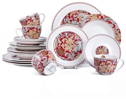 STPGoods 20-teiliges Geschirr-Set – Porzellanteller und Schalen Set mit Tassen, Dessert, Salat, Speisetellern und Schüsseln, William Morris Blumendesign, Geschirrset – Service für 4 Personen